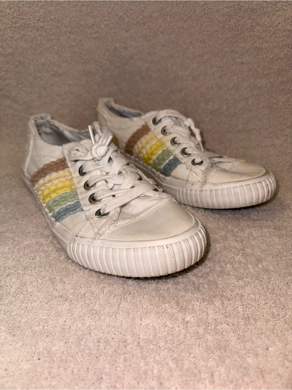 Blowfish Malibu White Canvas Sneakers with Pastel Rainbow Stripes